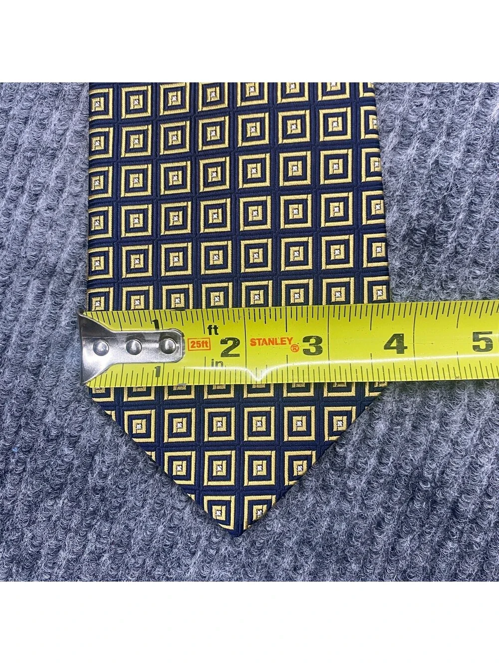 Brooks Brothers 346 Necktie Blue Gold Geometric Squares AOP Pure Silk Tie USA